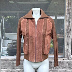Vintage 70s Brown Genuine Suede Acrylic Knit Sweater Bomber Jacket~M~